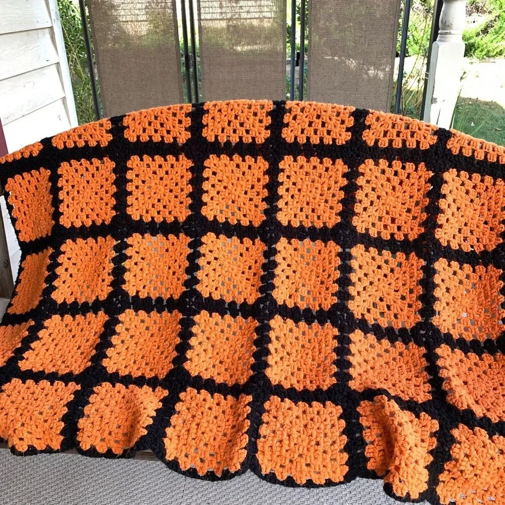 Vintage-Style Granny Square Afghan Blanket Knit Throw Orange Black Fall 48
